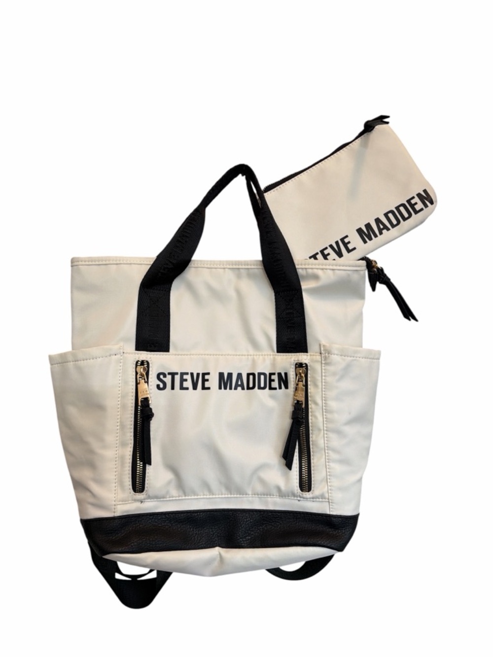 Steve Madden Travel Backpack Convertible Tote Cream Black NWT w/ Pouch - Picture 4 of 12